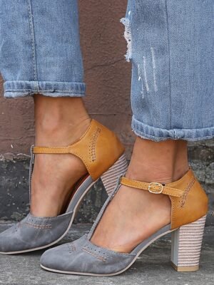 Vintage Casual Two-Tone Round Toe T-Strap Heeled Shoes - Image 8