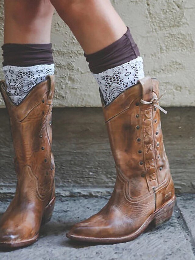 Vintage Distressed Pointed Toe Knee-High Cowboy Boots - Image 1