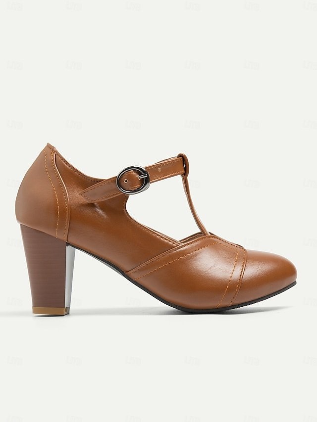 Vintage T-Strap Chunky Heel Leather Pumps - Image 2