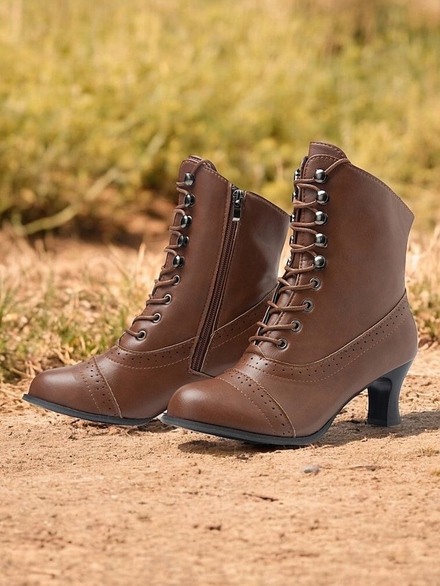 Vintage Victorian Lace-Up Pointed Toe Kitten Heel Mid-Heel Boots - Image 1