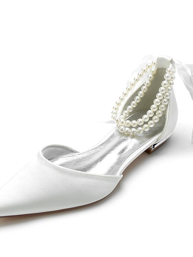 White Satin Flat Wedding Shoes with Pointed Toe Pearl Chain Ankle Strap Ribbon Detail - Image 1